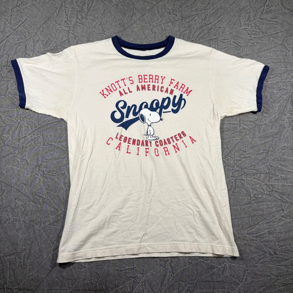 Cedar Fair T-Shirt Unisex Medium Cream Snoopy Knott's Berry Farm Ringer Graphic